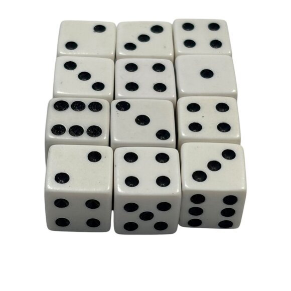 Set Of 12 White Dice With Black Dots For Board Games Or Crafts - Picture 2 of 2